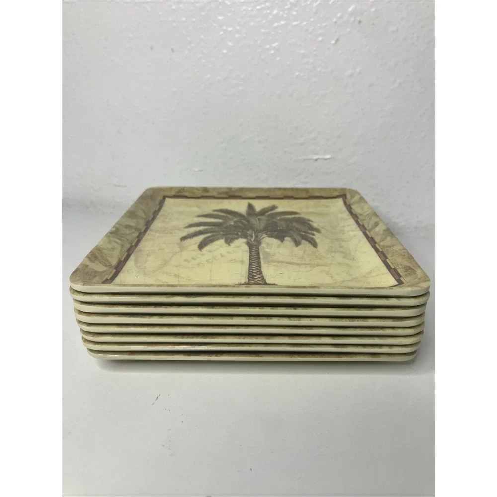 VTG Tropical Palm Tree Square Plates Set Of 8 Chad Barrett Art Melamine 6 Inch